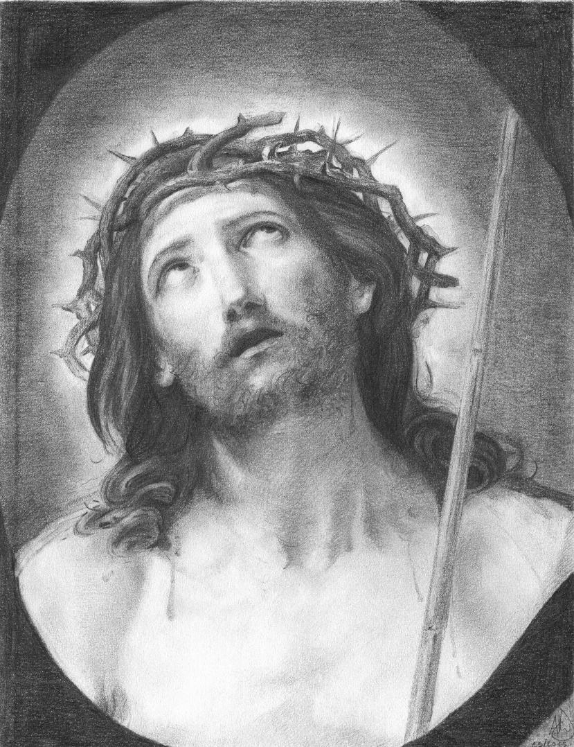 Dessin, Le Christ au roseau, d'après Guido Reni - Mine de plomb - 54,5cm x 44cm