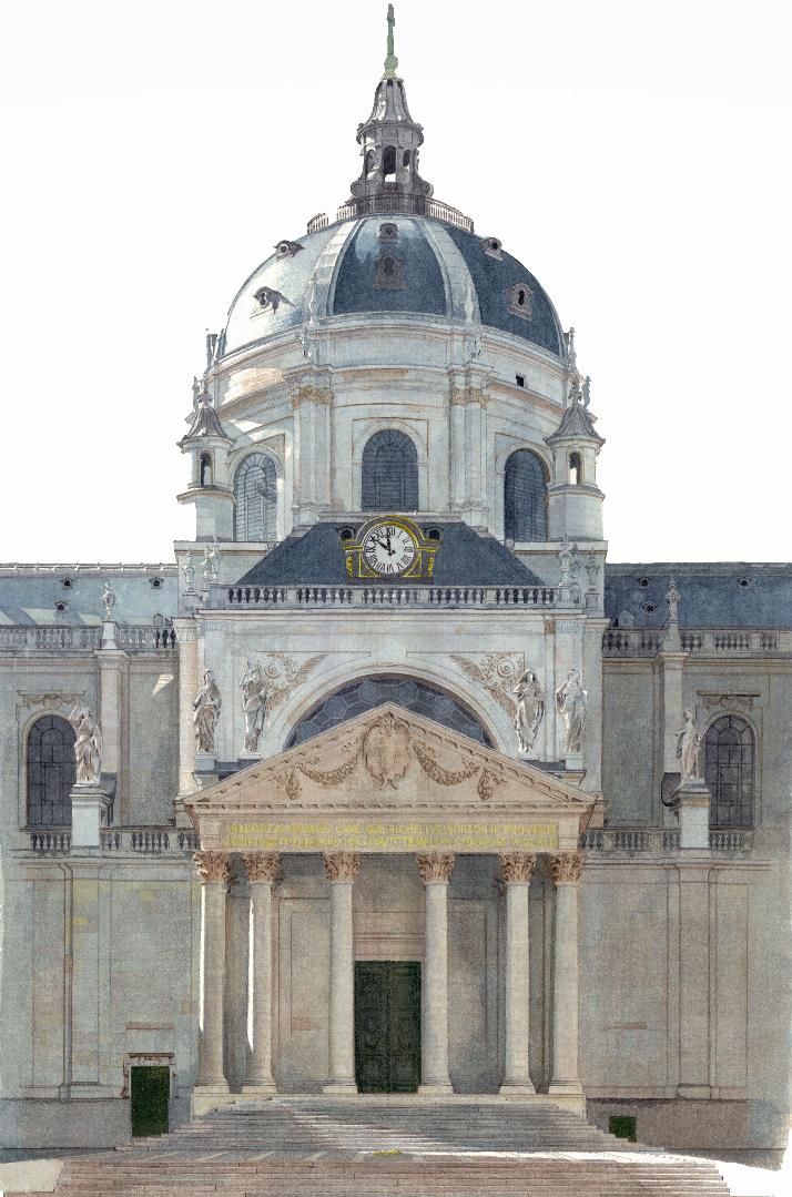 Dessin, Chapelle de la Sorbonne, vue de la Cour d'Honneur, Paris - Aquarelle - 86cm x 62,5cm