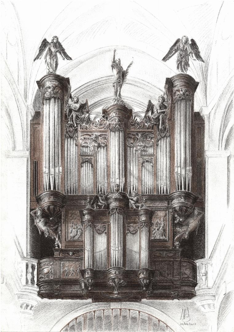 Dessin, Orgue baroque, Eglise Saint Etienne du Mont, Paris - Crayons - 57cm x 45,5cm