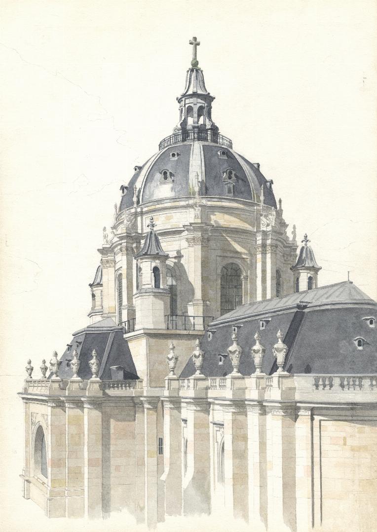 Dessin, Chapelle de la Sorbonne, vue du 3ème étage, Paris - Aquarelle - 69,5cm x 54cm