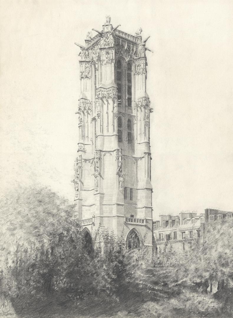 Dessin, La Tour Saint-Jacques, Paris - Mine de plomb - 38,5cm x 28,5cm